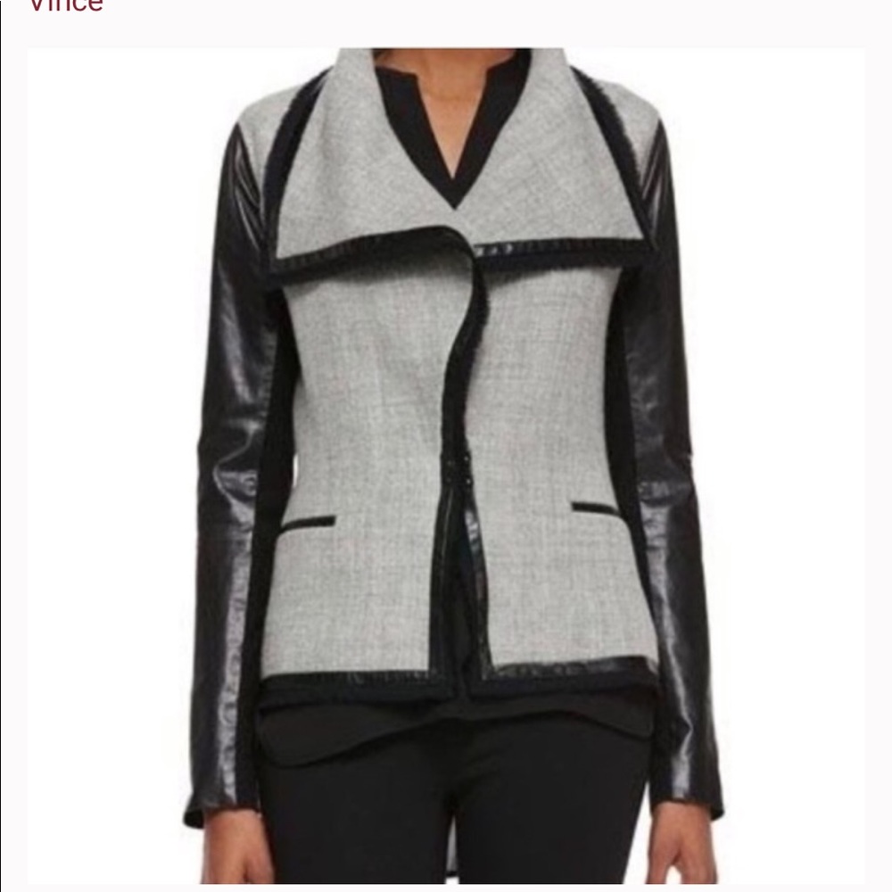 Vince Two-Tone Gray and Black Leather Sleeve Blazer